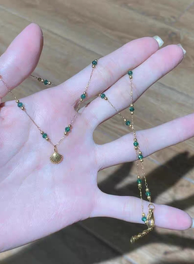 【钛钢不掉色】复古贝壳项链吊坠绿珠新款轻奢精致闺蜜锁骨链女