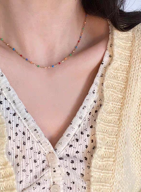 复古小众高级感滴油彩色豆豆项链百搭钛钢甜美链锁骨链配饰品
