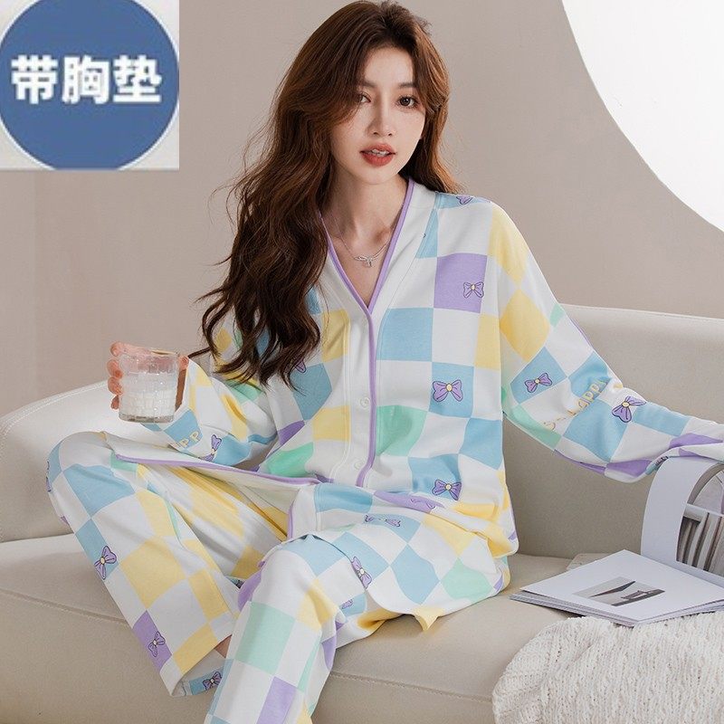 带胸垫睡衣女秋季薄款纯棉长袖套装2023年长款卡通可爱女士家居服,淘宝优惠券,粉丝福利购,淘宝优惠卷