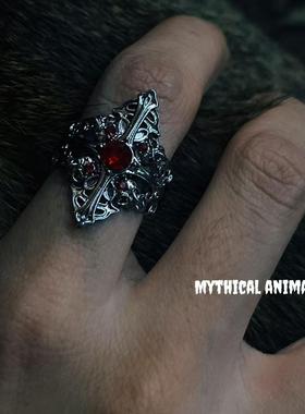 跨境欧美哥特风十字架镶钻红宝石开口戒指个性设计暗黑男女生指环