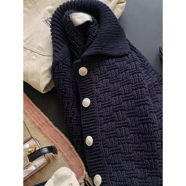 秒发！韩国25冬modest m*od小众扭花菱格翻领针织开衫毛衣外套女 - 图3