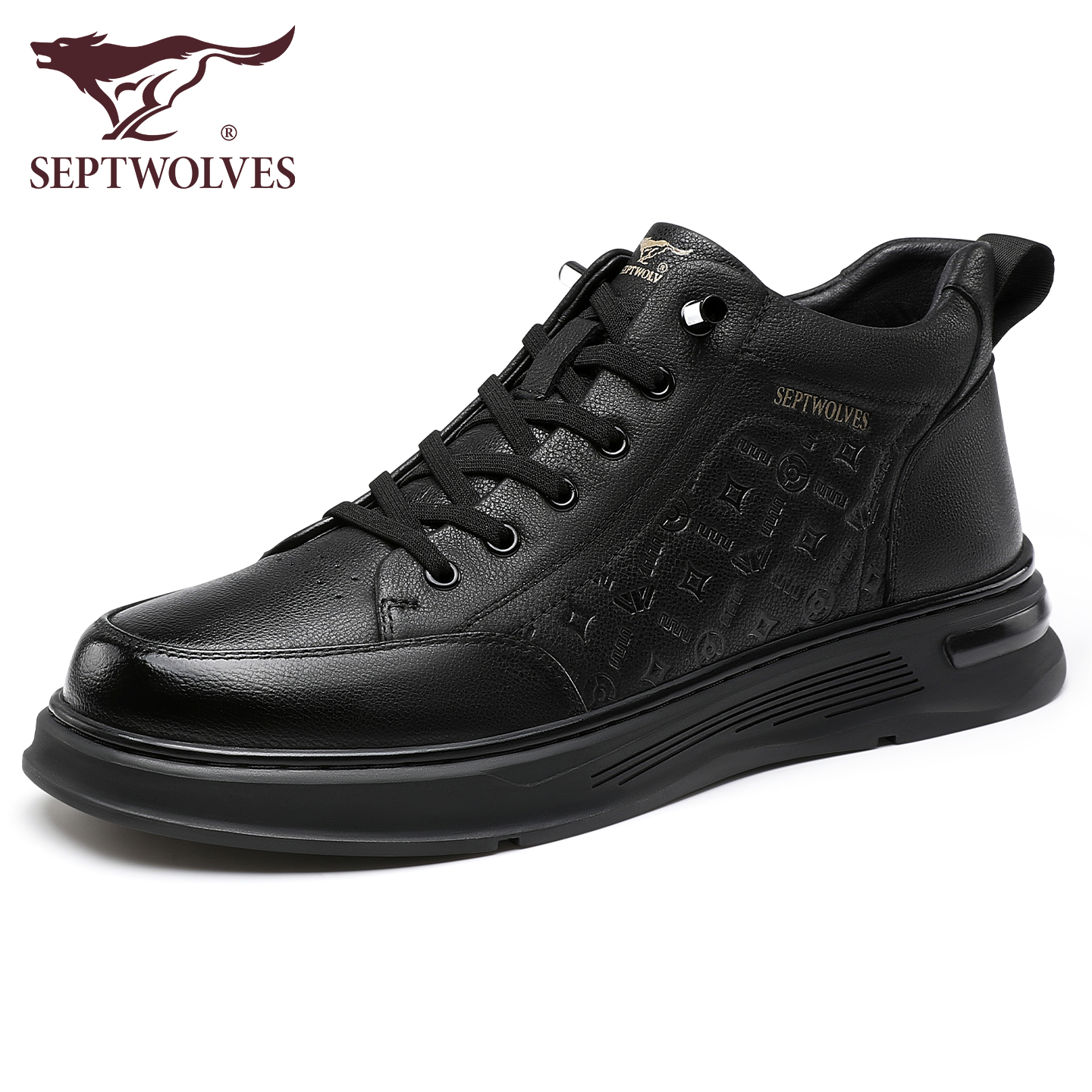 七匹狼高帮板鞋男款冬季加绒休闲皮鞋2025新款黑色保暖真皮鞋子男 - 图0