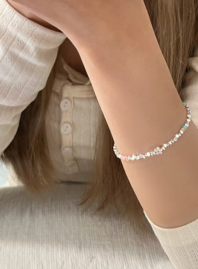 碎银子花朵串珠手链女ins小众设计感百搭蓝色不规则简约手饰