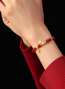 原创招财纳福红玛瑙手串新中式马年本命年串珠手链古法金萌马手饰