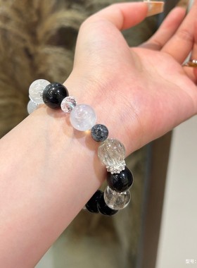 天然银曜石黑发晶蓝月光碧玺发多宝轻奢手链女百搭小众设计高级感