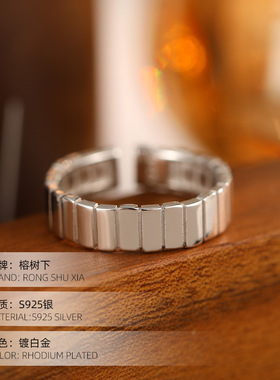 S925纯银时尚博主ins条纹戒指女轻奢重工叠戴高级开口食指环