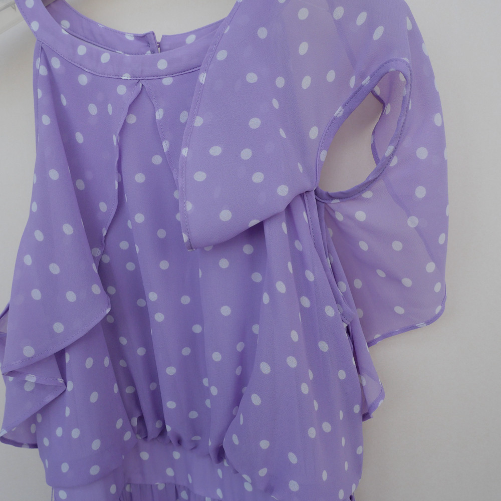 拉系列S/M/L正品超值 夏雪纺印花露肩荷叶袖长裙连衣裙4A8513淡紫