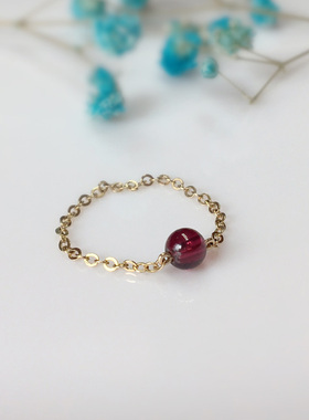 石榴石极细链条戒指百搭14k包金