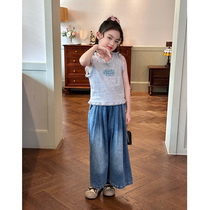 Korean Ensemble Girl Clothing Girl Jeans Spring Dress 2024 New Children Foreign Air Broadlegged Pants Loose Casual Trendy Pants