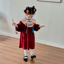 New Chinese childrens clothing for girls Baiyear clothes for autumn and winter clothing Childrens air China Wind embroidery Cloud shoulder red one-piece dress