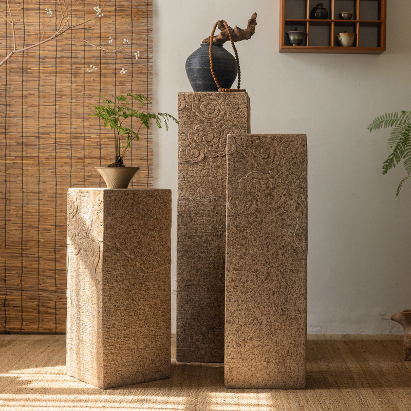 石柱墩艺术立柱仿古展示柱茶室落地底座禅意新中式石头摆件祥云柱,淘宝优惠券,粉丝福利购,淘宝优惠卷