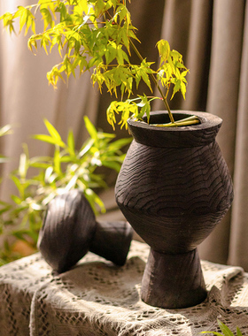 现代原木侘寂风花瓶黑色碳化花器