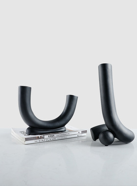 现代简约黑色创意极简弯管花器摆件样板房客厅电视柜插花干花软装