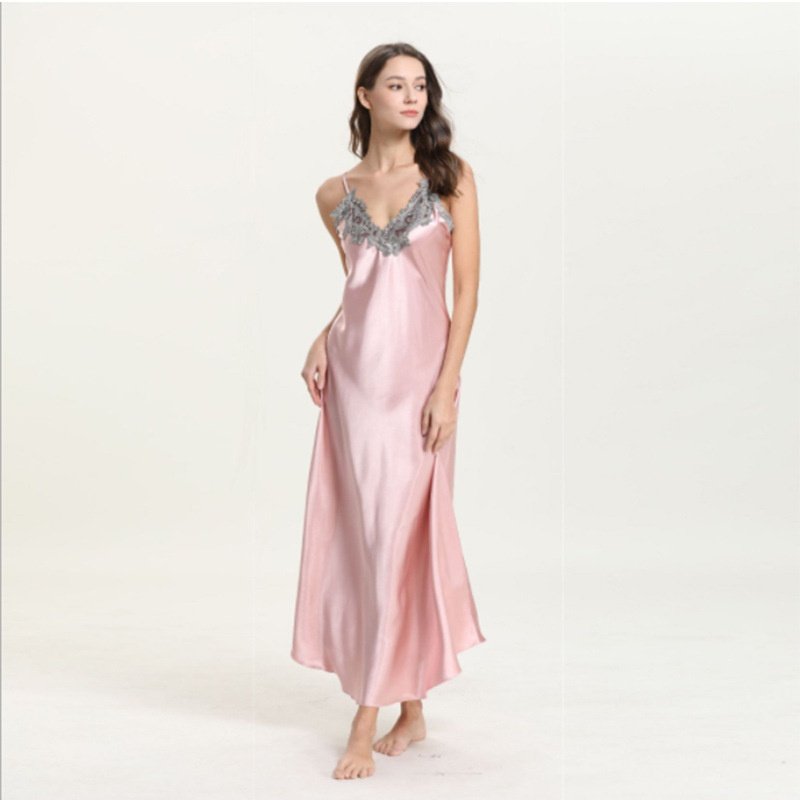 仿真丝睡衣女 花边性感v字领长款吊带睡裙睡衣家居服,淘宝优惠券,粉丝福利购,淘宝优惠卷