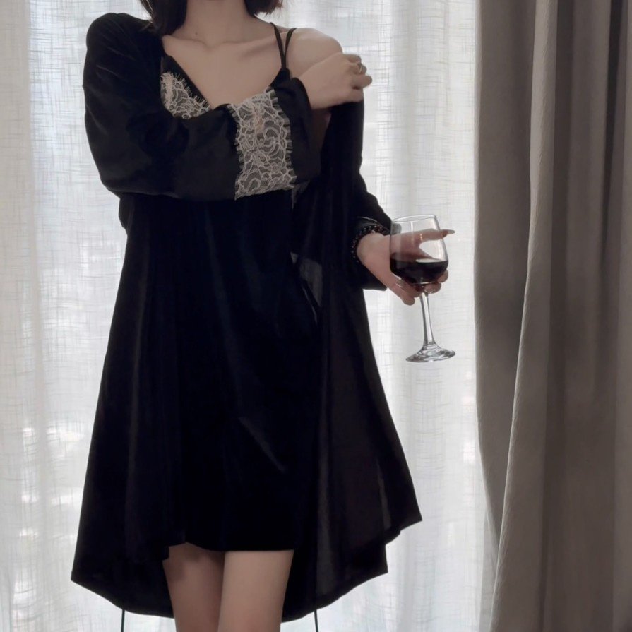 花边金丝绒刺绣短款睡衣性感露背吊带睡裙系带外袍女家居服套装,淘宝优惠券,粉丝福利购,淘宝优惠卷