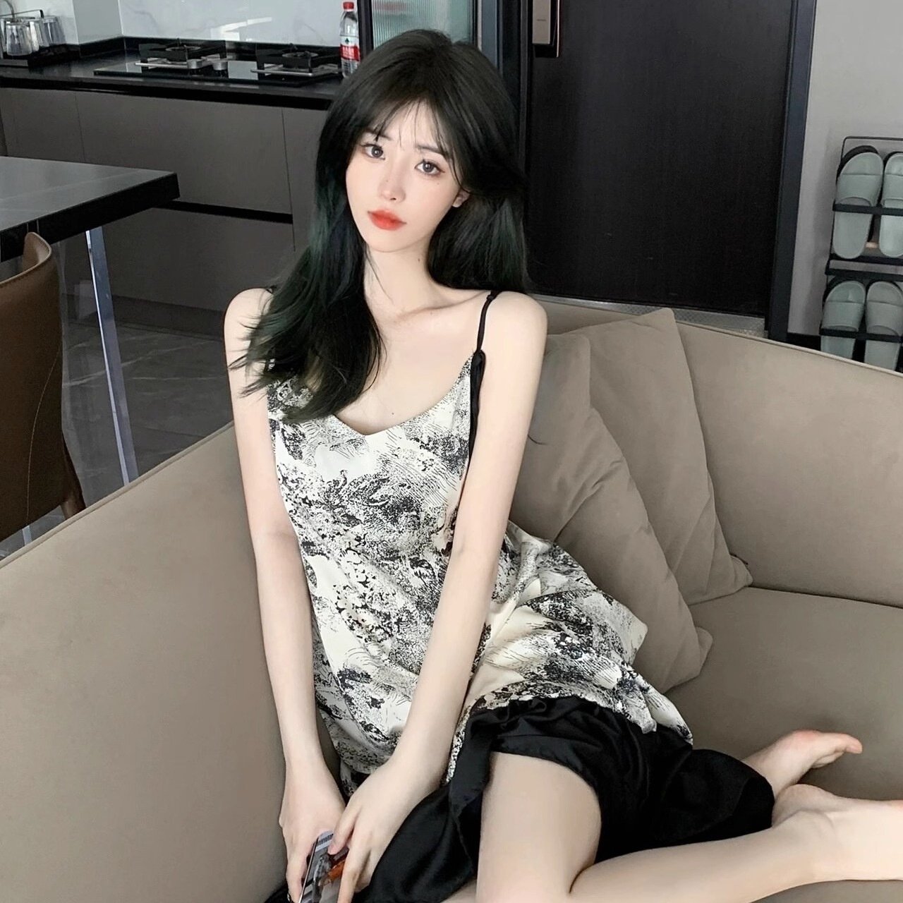 新中式水墨画短袖冰丝睡衣女夏天大码吊带睡裙带胸垫家居服套装,淘宝优惠券,粉丝福利购,淘宝优惠卷