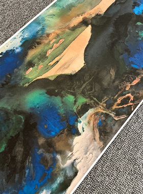 张大千爱痕湖泼墨青绿山水画横幅宣纸画芯未装裱原作微喷复制字画