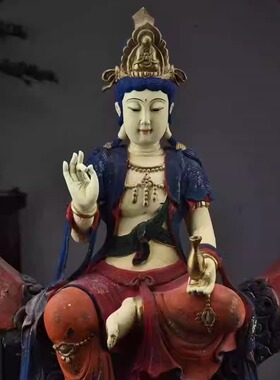 木雕云月观音摆件香樟木矿彩怀旧眼观鼻复古心观自在神像供奉铜雕