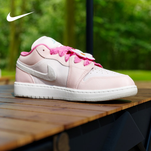 NIKE耐克童鞋女鞋Air Jordan 1荷叶边珍珠粉大童运动鞋II1247-600 - 图0