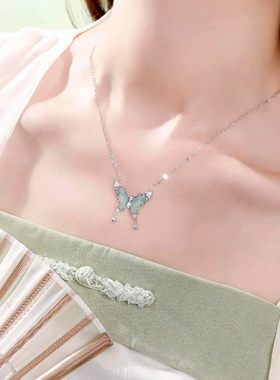 蝴蝶吊坠项链雅仙女纯银锁骨链女