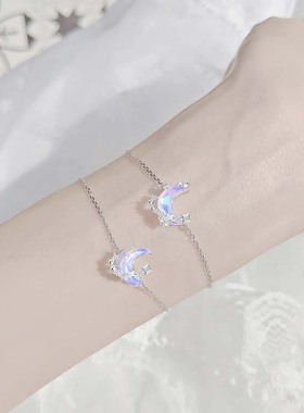 月亮石星星项链锁骨链原创纯银女