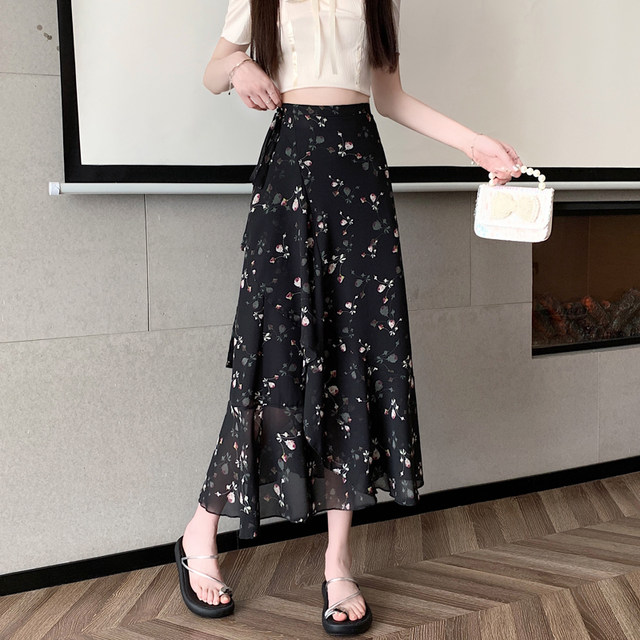 Floral midi-length one-piece versatile high-waisted beach skirt