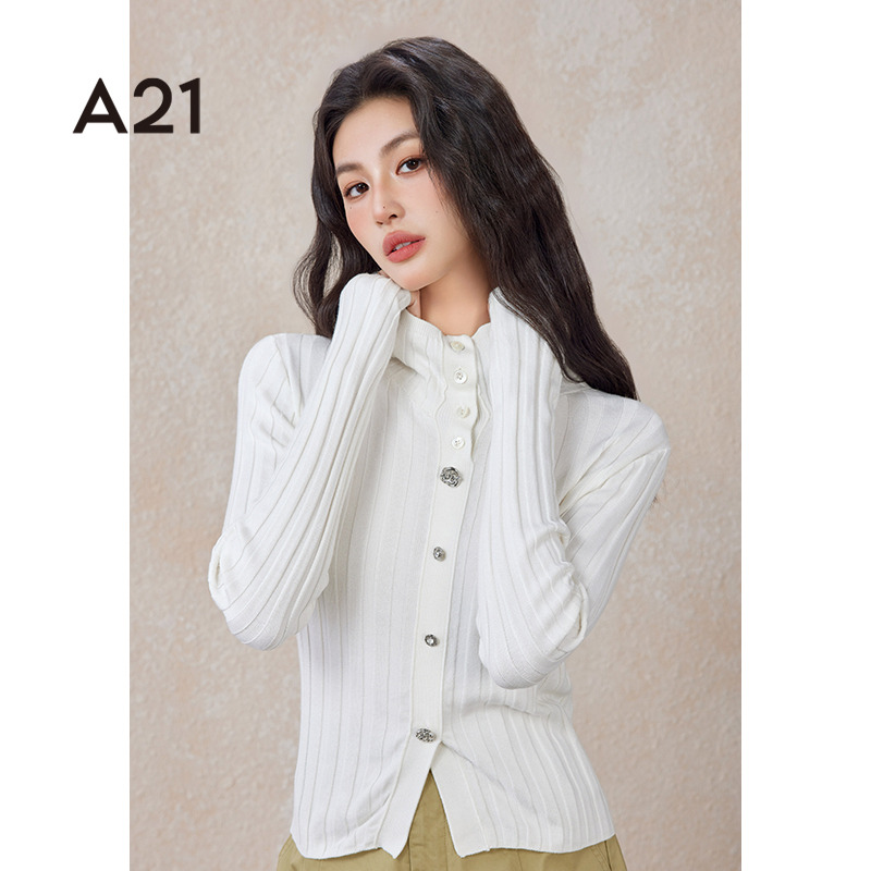 A21女装修身圆领假两件套头长袖毛衫新品紧身内搭针织休闲打底衫 - 图2