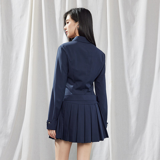 A21宝蓝气质连衣裙翻领长袖修身百褶A字裙修身显瘦时尚长袖连衣裙