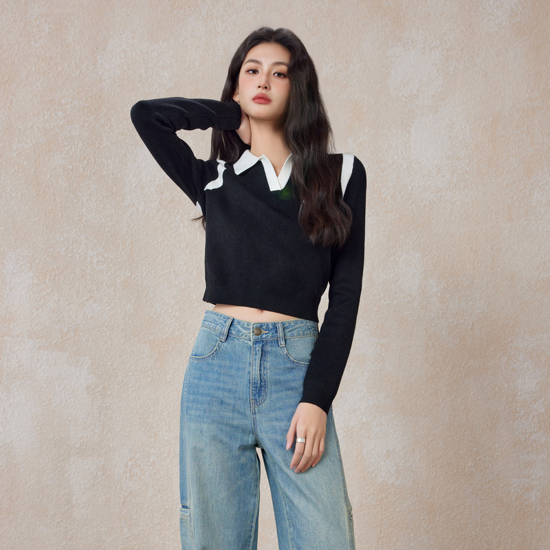 A21女装修身圆领假两件套头长袖毛衫新品紧身内搭针织休闲打底衫 - 图1