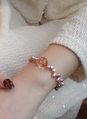 复古巴洛克风花瓣天然淡水珍珠气质手链金箔水晶手串轻奢高级手链