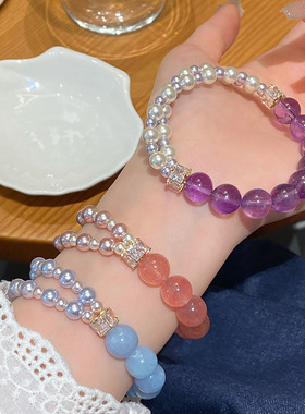 新中式甜美文艺复古半圈水晶贝珠手串轻奢设计公主风时尚手链
