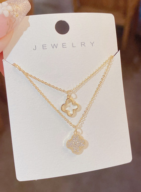 2022年新款潮气质时尚简约半双层四叶花项链女个性轻奢设计感配饰