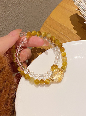 接财神~新中式古风汉服配饰天然金虎石双圈手串女几何黄水晶手链