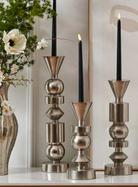 印度进口铝制银色几何烛台摆件样板间客厅玄关桌面艺术装饰品摆件