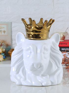 金色皇冠狮子客厅装饰品陶瓷摆件