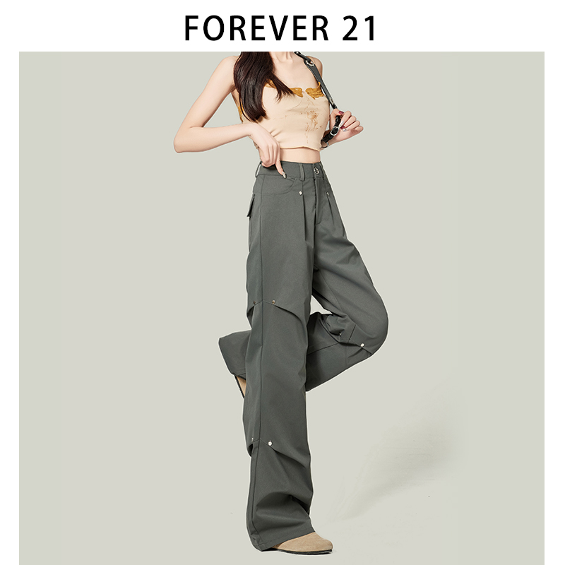 Forever 21独特铆钉设计美式复古工装裤女高腰小个子灰色休闲裤子