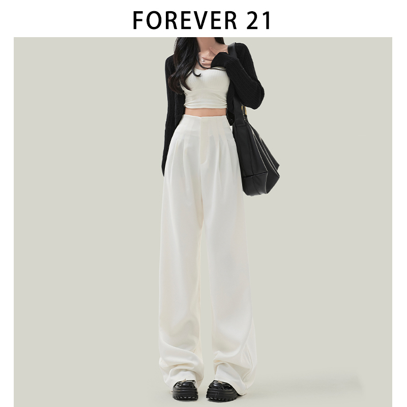 Forever 21易打理黑色西裤女装新款高腰垂感宽松拖地阔腿休闲裤子