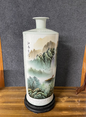 景德镇老货艺术瓷厂美研室山水手工手绘粉彩花瓶手工雕刻收藏摆件