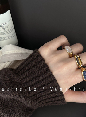 秋冬质感天然宝石18k镀金透白棕色金丝蓝椭圆法式氛围高级感戒指