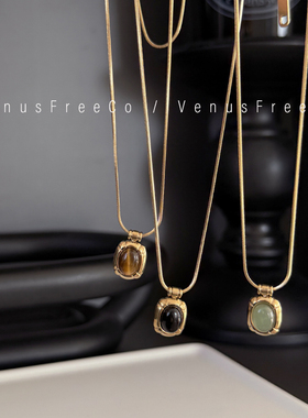 18k镀金天然黑玛瑙宝石吊坠蛇骨超亮细锁骨链项链简约高级感日常