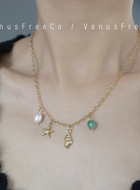 18k镀金高保色夏日海边海洋风海星珍珠贝壳锁骨链项链日常氛围感