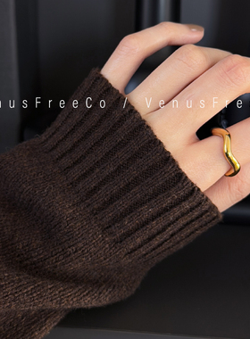 法式异形18k镀金设计感双层银色金环扭扭加粗金色戒指单叠戴简约