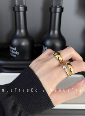 vintage复古法式 18k镀金彩色钻加厚双层加粗单钻戒指日常叠戴