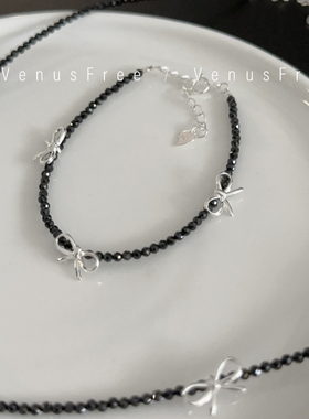 超闪精致!韩国925纯银芭蕾系列蝴蝶结小颗闪黑水晶细手链手串甜酷
