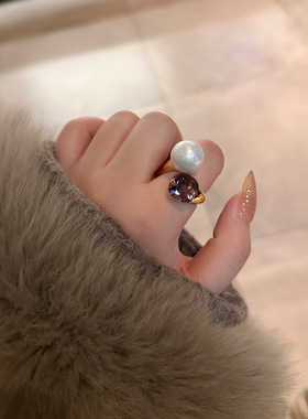 气质夸张闪钻大珍珠开口戒指