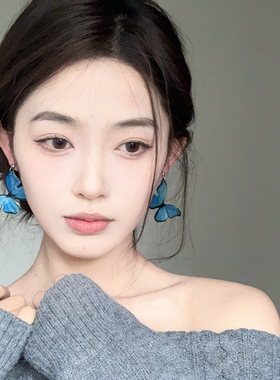 清冷感仙气蓝色大蝴蝶耳环女独特