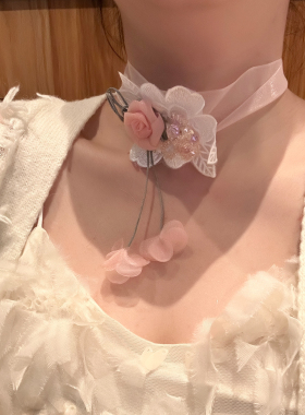 超仙粉色蕾丝花朵项链海边度假风