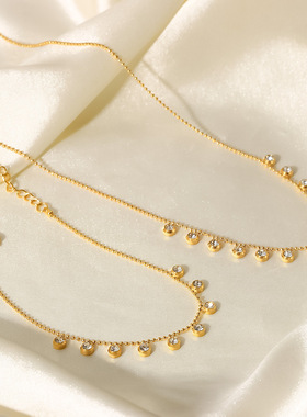 INS法式新款镶钻流苏颈链时尚百搭钛钢项链白色锆石不锈钢颈链女