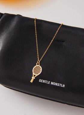 欧美不锈钢锆石网球拍吊坠项链轻奢感颈链钛钢饰品女跨境