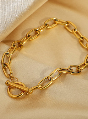 欧美时尚经典金色手链回形针手链OT套圈镀金不锈钢椭圆形链手链